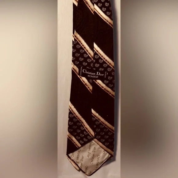 Vintage Christian Dior Monsieur tie In Classic Brown & Burgundy Diagonal Stripe - Picture 4 of 5